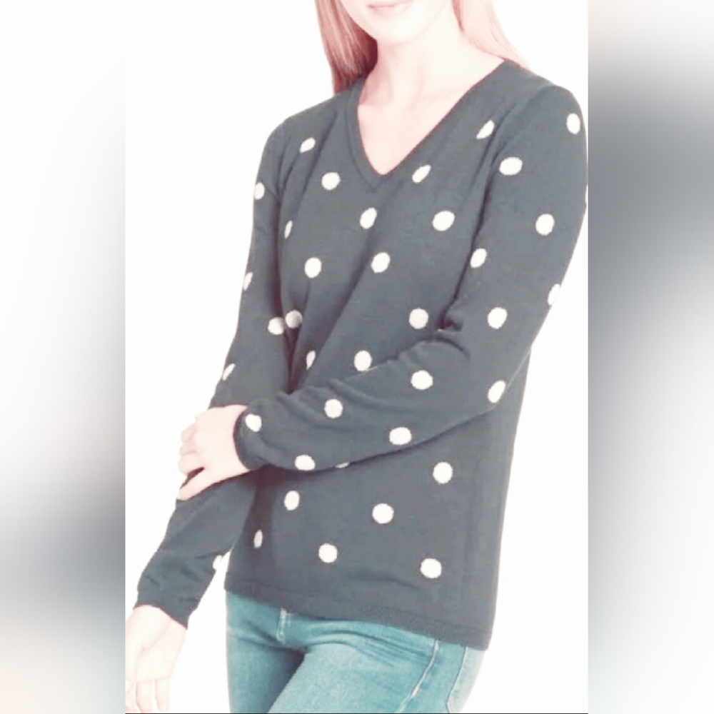 Tommy Hilfiger Women's 100%Cotton Sweater Polka Dot V-Neck Gray/White Medium